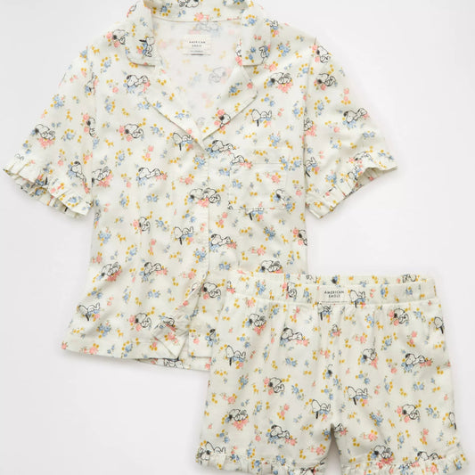 AE Snoopy Ruffled Flannel PJ Set - Cream | PREVENTA