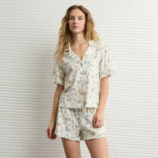 AE Snoopy Ruffled Flannel PJ Set - Cream | PREVENTA