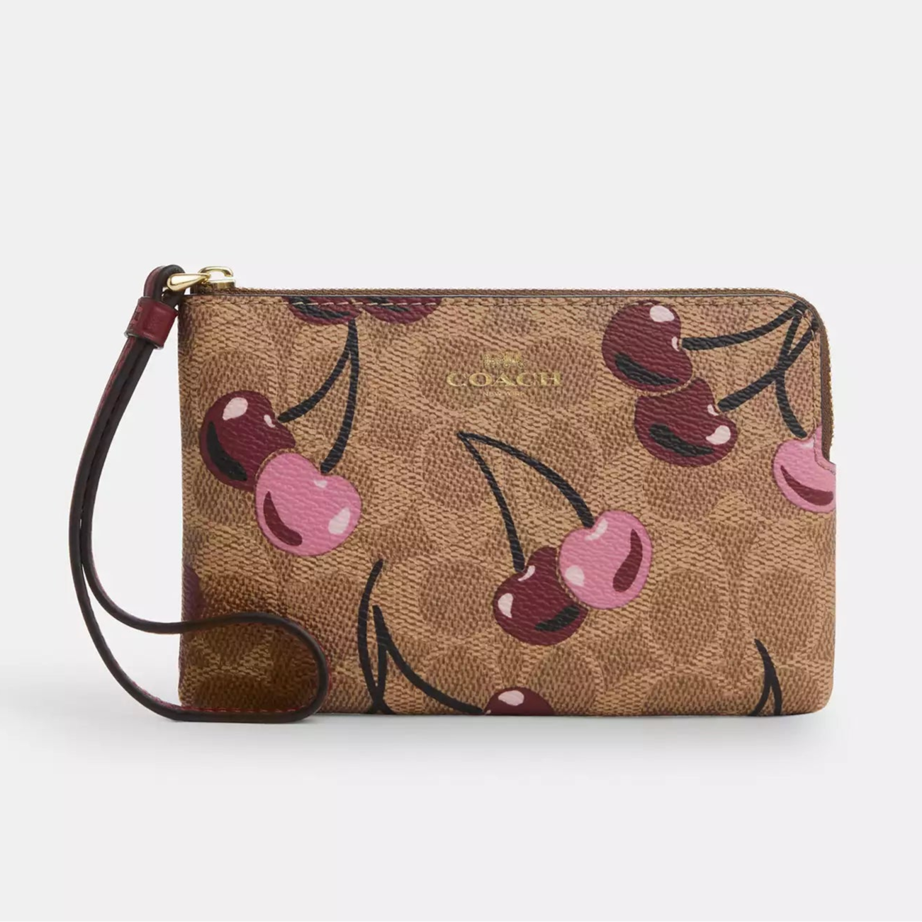 Corner Zip Wristlet In Signature Canvas With Cherry Print | PREVENTA